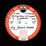 JUJHAR KHAIRA Autographed Goal Puck With CONNOR MCDAVID Assist Vs. Calgary Flames