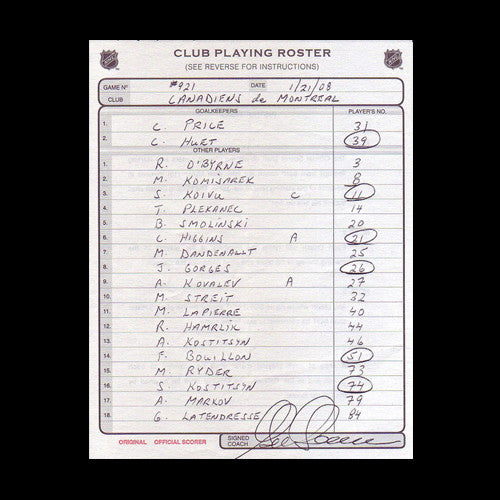 Pittsburgh Penguins vs. Montreal Canadiens NHL Game Used Roster Sheets Signed By Carbonneau & Therrien