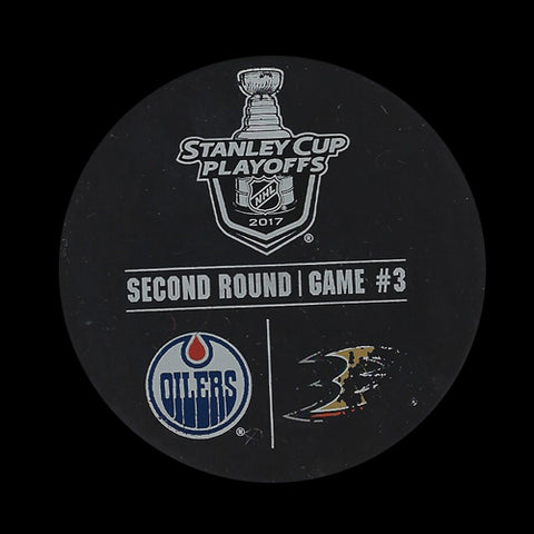 Edmonton Oilers vs Anaheim Ducks Playoff Game 4 Warm Up Used Puck May 3rd, 2017