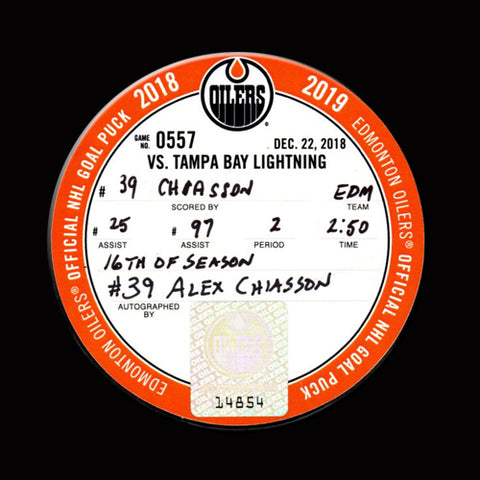ALEX CHIASSON Autographed Goal Puck With CONNOR MCDAVID Assist From December 22, 2018 vs Lightning