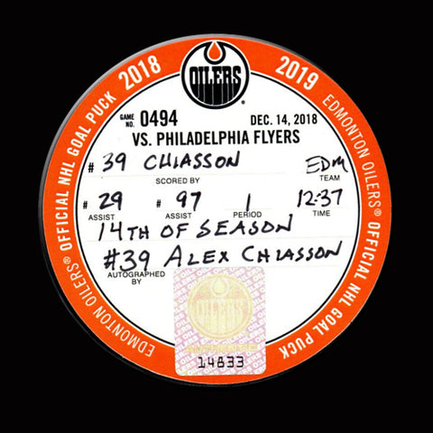 ALEX CHIASSON Autographed Goal Puck With CONNOR MCDAVID Assist From December 14, 2018 vs Flyers