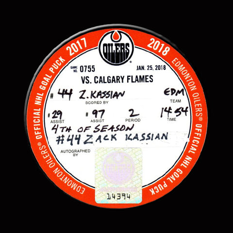 ZACK KASSIAN Autographed Goal Puck With CONNOR MCDAVID Assist From January 25, 2018 vs Flames