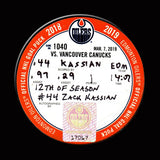 ZACK KASSIAN Autographed Goal Puck With CONNOR MCDAVID Assist From March 7, 2019 vs Canucks