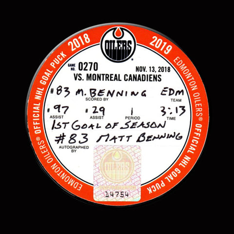MATTHEW BENNING Autographed Goal Puck With CONNOR MCDAVID Assist From November 13, 2018 vs Canadiens