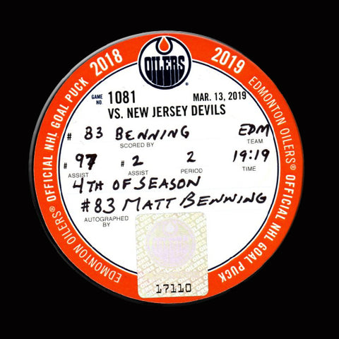 MATTHEW BENNING Autographed Goal Puck With CONNOR MCDAVID Assist From March 13, 2019 vs Devils