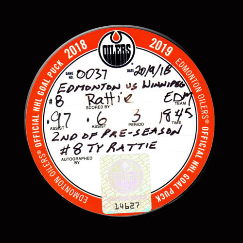 TY RATTIE Autographed Goal Puck With CONNOR MCDAVID Assist Vs. Winnipeg Jets