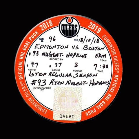 RYAN NUGENT-HOPKINS Autographed Goal Puck With CONNOR MCDAVID Assist From November 13, 2018 vs Canadiens