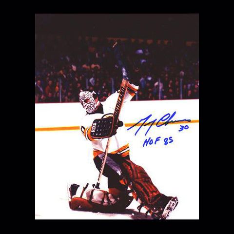 Gerry Cheevers Boston Bruins Kick Save w/HOF Notation Autographed 8x10 Photo
