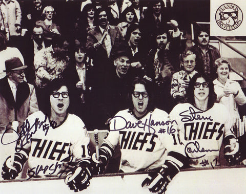 Hanson Brothers Charlestown Chiefs Triple Autographed Bench 8x10 Photo