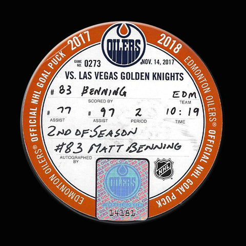 MATTHEW BENNING Autographed Goal Puck With CONNOR MCDAVID Assist From Nov 14, 2017 vs Golden Knights