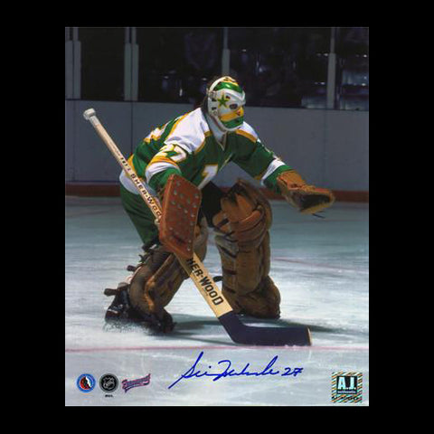 Gilles Meloche Minnesota North Stars Autographed Mask 8x10 Photo