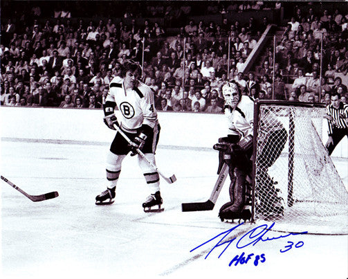 Gerry Cheevers Boston Bruins Corner Action w/HOF Notation Autographed 8x10 Photo