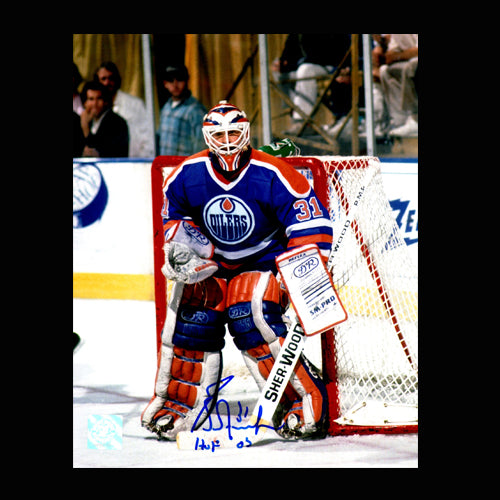 Grant Fuhr Edmonton Oilers Autographed Hugging the Post 8x10 Photo w/HOF Inscription