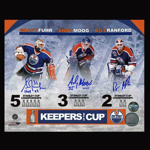 Grant Fuhr, Andy Moog & Bill Ranford Edmonton Oilers Triple Autographed Keepers of the Cup 16x20 Photo
