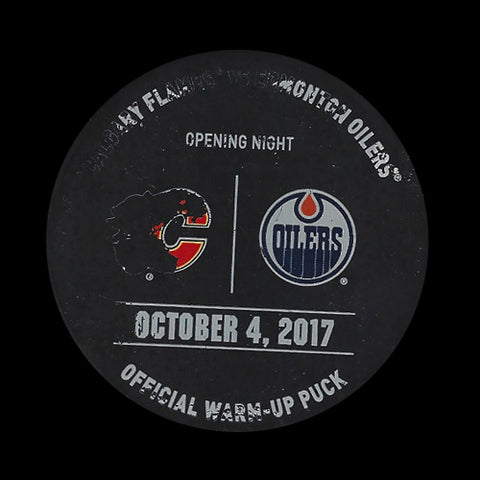 Edmonton Oilers vs Calgary Flames 2017-18 Season Opener Warm Up Used Puck October 4th, 2017