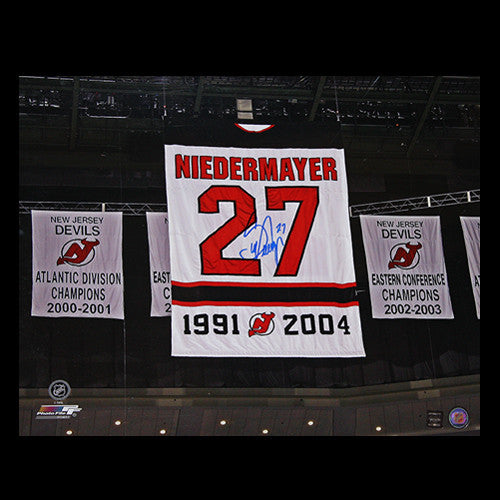 Scott Niedermayer N.J. Devils Autographed Retirement Banner Close-Up 16x20 Photo