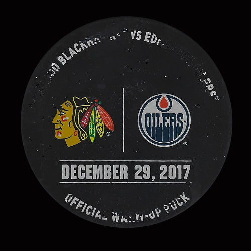 Edmonton Oilers vs Chicago Blackhawks 2017-18 Warm Up Used Puck December 29, 2017