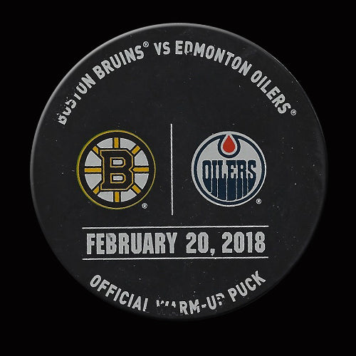 Edmonton Oilers vs Boston Bruins 2017-18 Warm Up Used Puck February 20, 2018