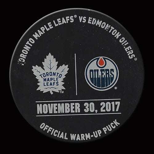 Edmonton Oilers vs Toronto Maple Leafs 2017-18 Warm Up Used Puck November 30, 2017
