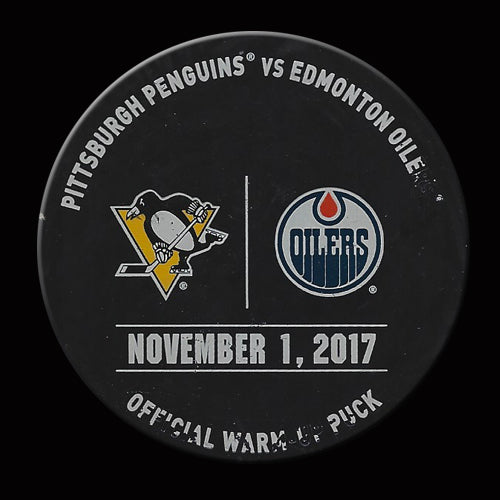 Edmonton Oilers vs Pittsburgh Penguins 2017-18 Warm Up Used Puck November 1, 2017