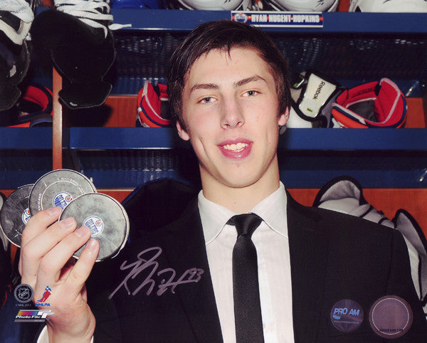 Ryan Nugent Hopkins Autographed Edmonton Oilers 1st NHL Hat Trick Pucks 8x10 Photo
