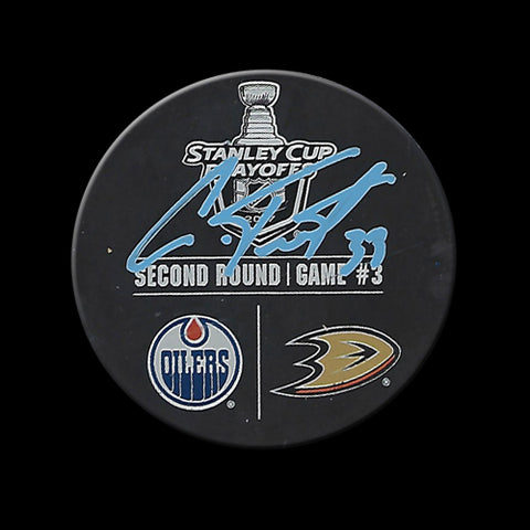 Cam Talbot Autographed Edmonton Oilers vs Anaheim Ducks Playoff Game 3 Warm Up Used Puck April 30th, 2017