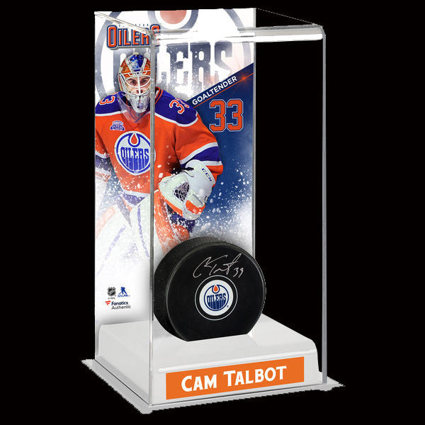 Cam Talbot Edmonton Oilers Autographed Puck with Deluxe Tall Hockey Puck Case