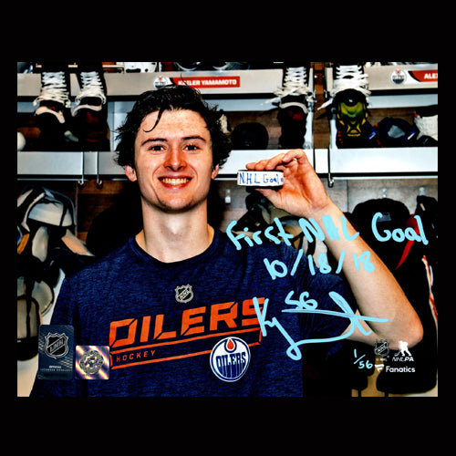 Kailer Yamamoto Edmonton Oilers Autographed & Inscribed "FIRST NHL GOAL 10/18/18" Limited Edition 8x10 Photo /56