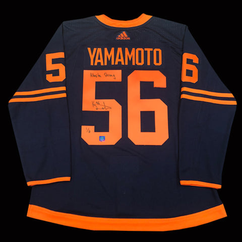 Kailer Yamamoto Limited Edition /6 Autographed & Inscribed "ALBERTA STRONG" Edmonton Oilers Alternate Adidas Pro Jersey