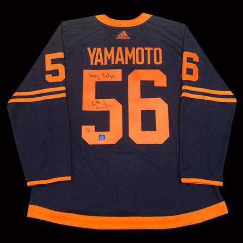 Kailer Yamamoto Limited Edition /6 Autographed & Inscribed "HONEY BADGER" Edmonton Oilers Alternate Adidas Pro Jersey