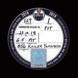 Kailer Yamamoto Edmonton Oilers vs Pittsburgh Penguins Game Used & Autographed Puck October 23, 2018
