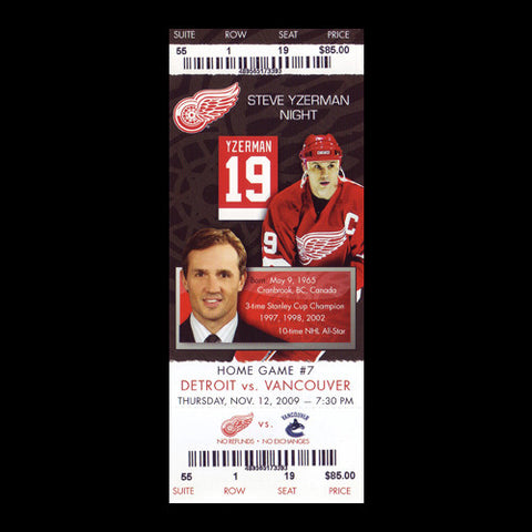 Steve Yzerman Detroit Red Wings Jersey Retirement Night Ticket Stub